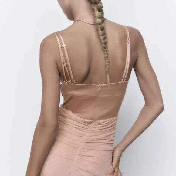 ZARA Ruched Tulle Corset Dress Beige Pink Size Small Satin Balletcore Sexy - Picture 11 of 11